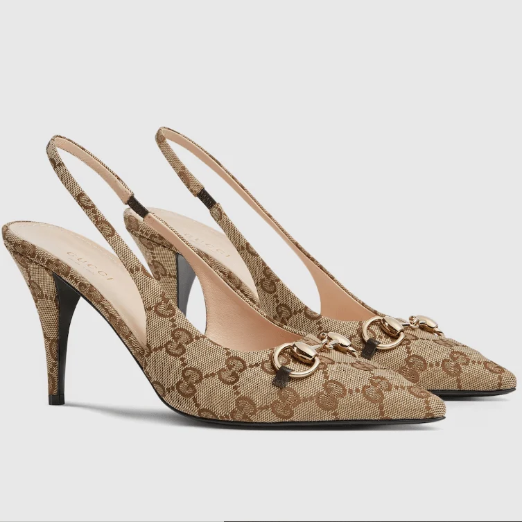 Gucci Bouncing Women’s Slingback Pump With Horsebit | Beige & Ebony GG Canvas Heels