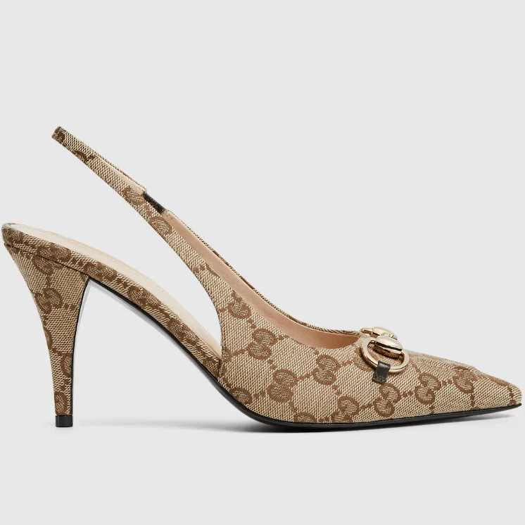 Gucci Bouncing Women’s Slingback Pump With Horsebit | Beige & Ebony GG Canvas Heels - Image 2