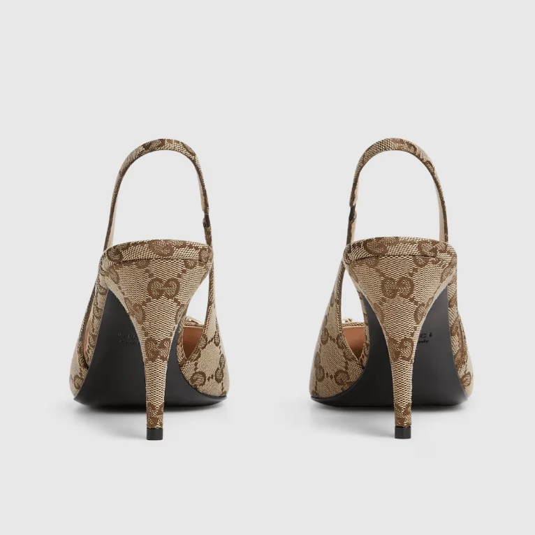 Gucci Bouncing Women’s Slingback Pump With Horsebit | Beige & Ebony GG Canvas Heels - Image 3