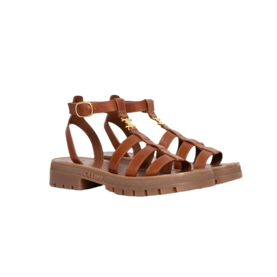 Celine Clea Triumph Gladiator Calfskin Sandals - Vegan Tan