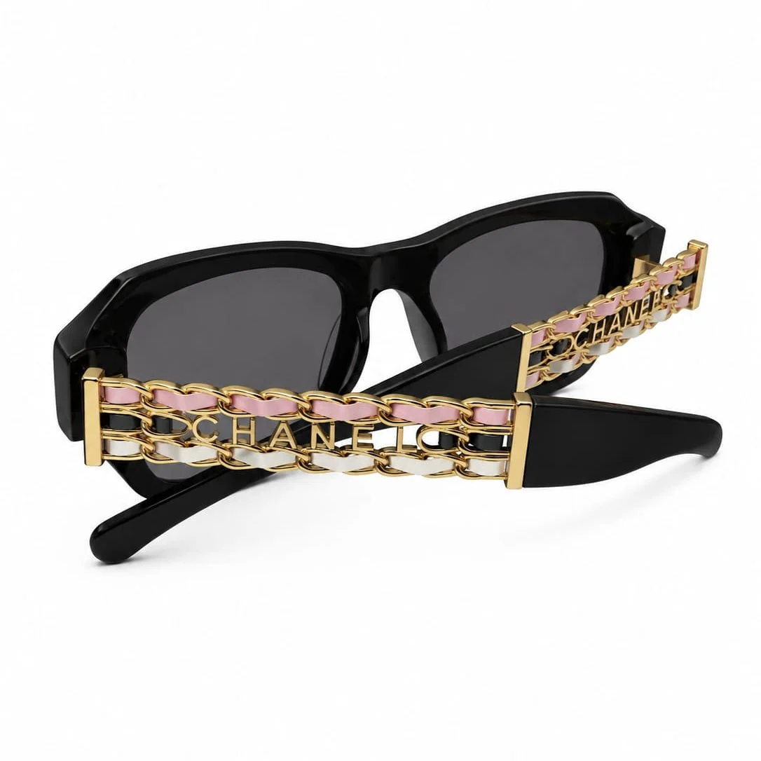 Chanel Black Acetate Sunglasses With Bink and White Chain Logo Detail - Image 3