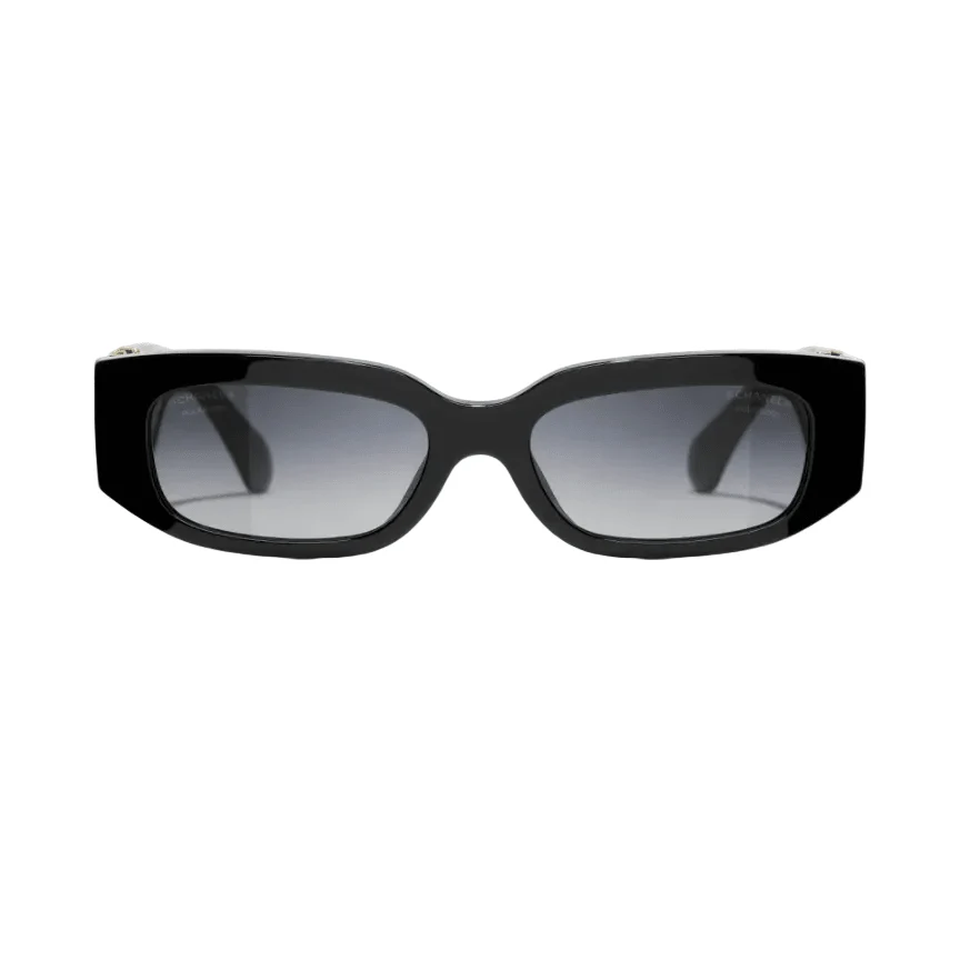 Chanel Black Rectangular SunglassesWith Gold And Crystal-Embellished Temples