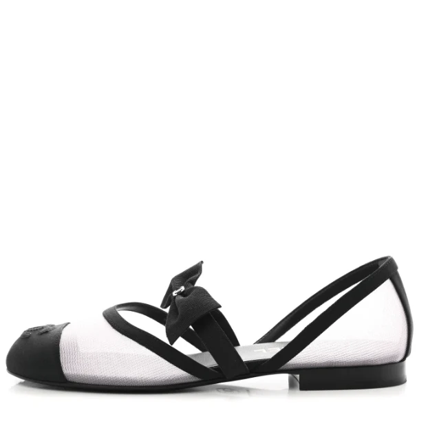 Chanel Mesh Grosgrain Mary Janes Flat White Black - Image 2
