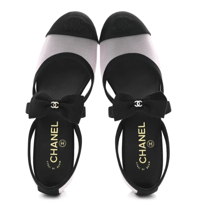 Chanel Mesh Grosgrain Mary Janes Flat White Black - Image 4