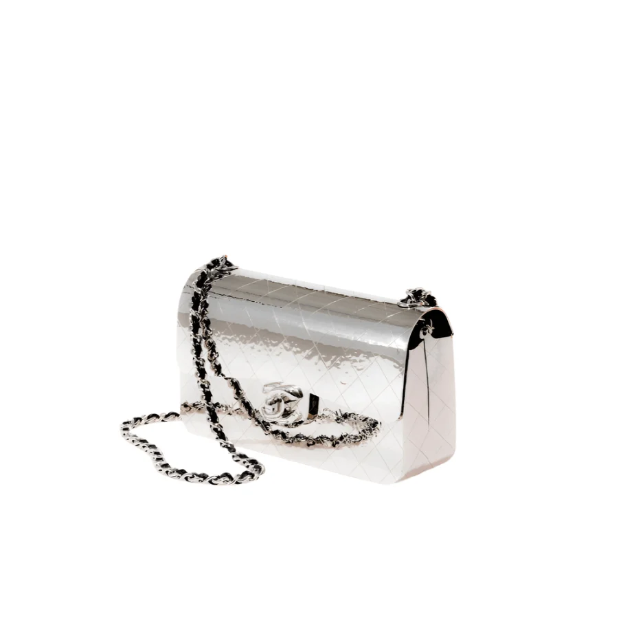 Chanel Mini Silver Handbag With Chain - Image 2