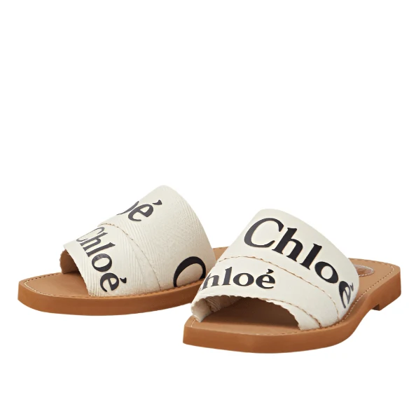 Chloe Off White Logo Print Canvas Woody Flat Slides - Image 12