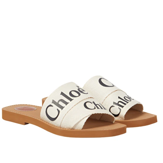 Chloe Off White Logo Print Canvas Woody Flat Slides - Image 2