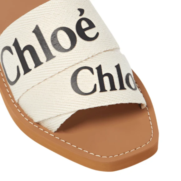 Chloe Off White Logo Print Canvas Woody Flat Slides - Image 3