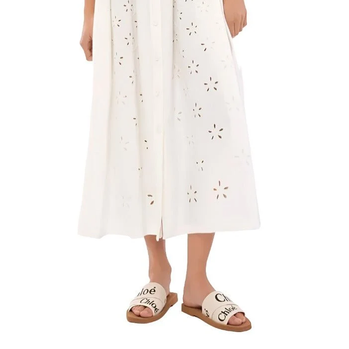 Chloe Off White Logo Print Canvas Woody Flat Slides - Image 4