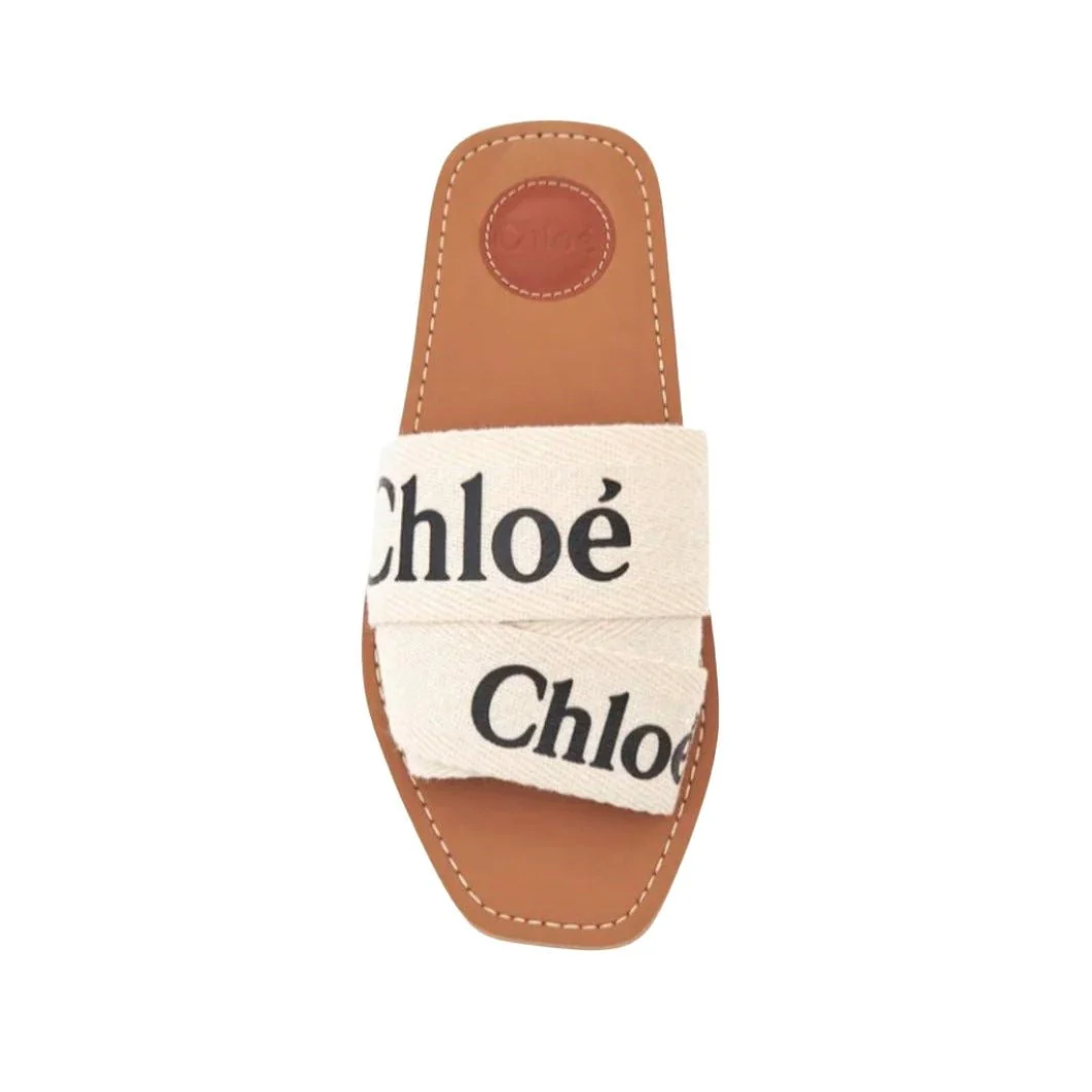 Chloe Off White Logo Print Canvas Woody Flat Slides - Image 5