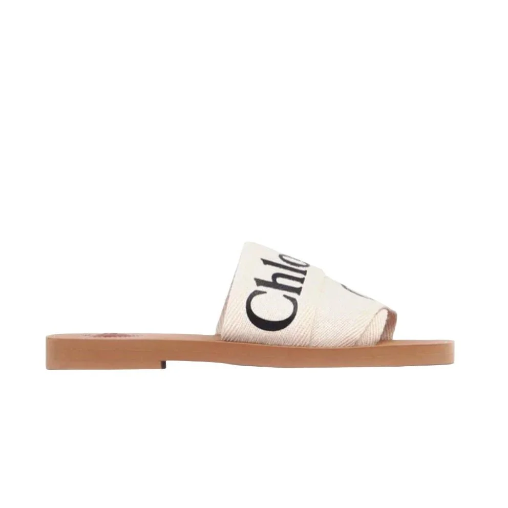 Chloe Off White Logo Print Canvas Woody Flat Slides - Image 6