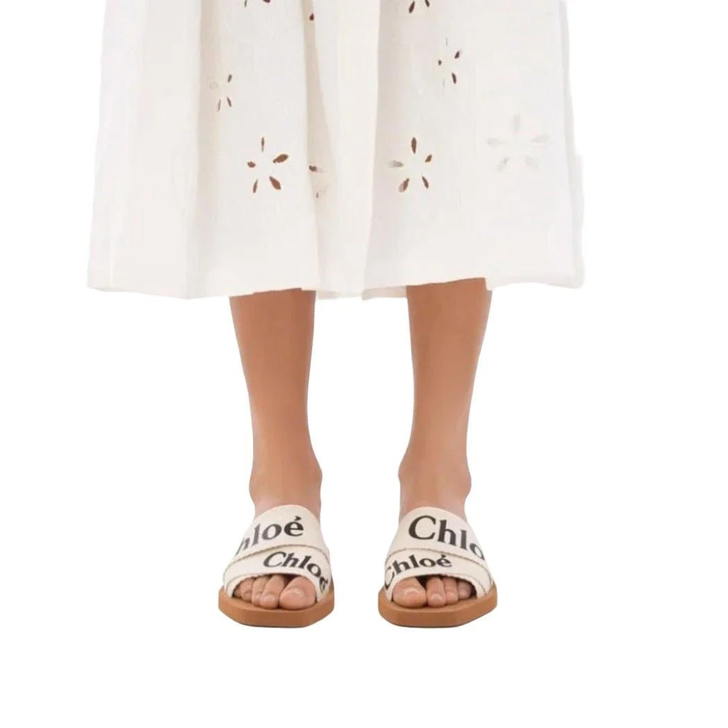 Chloe Off White Logo Print Canvas Woody Flat Slides - Image 7