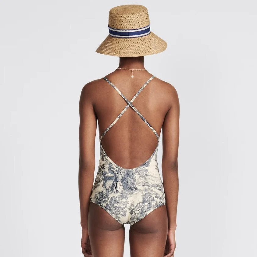 Dior Dioriviera One Piece Swimsuit Brief White And Blue Toile De Jouy Technical Fabric - Image 4