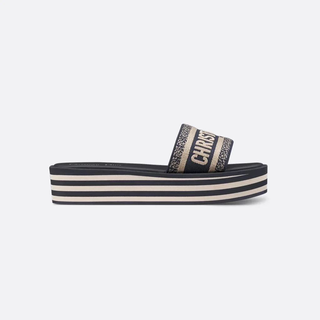 Dior Dway Platform Slide Deep Blue Embroidered Cotton