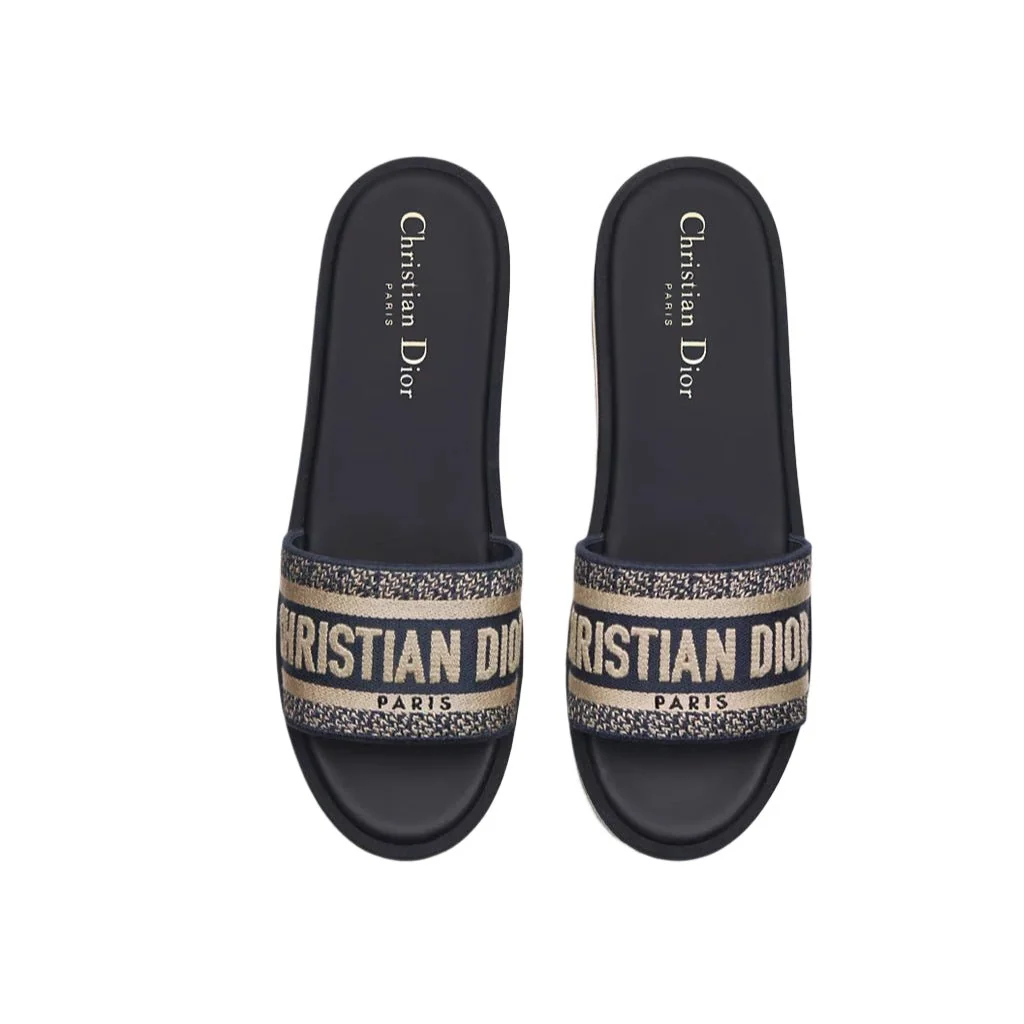 Dior Dway Platform Slide Deep Blue Embroidered Cotton - Image 2