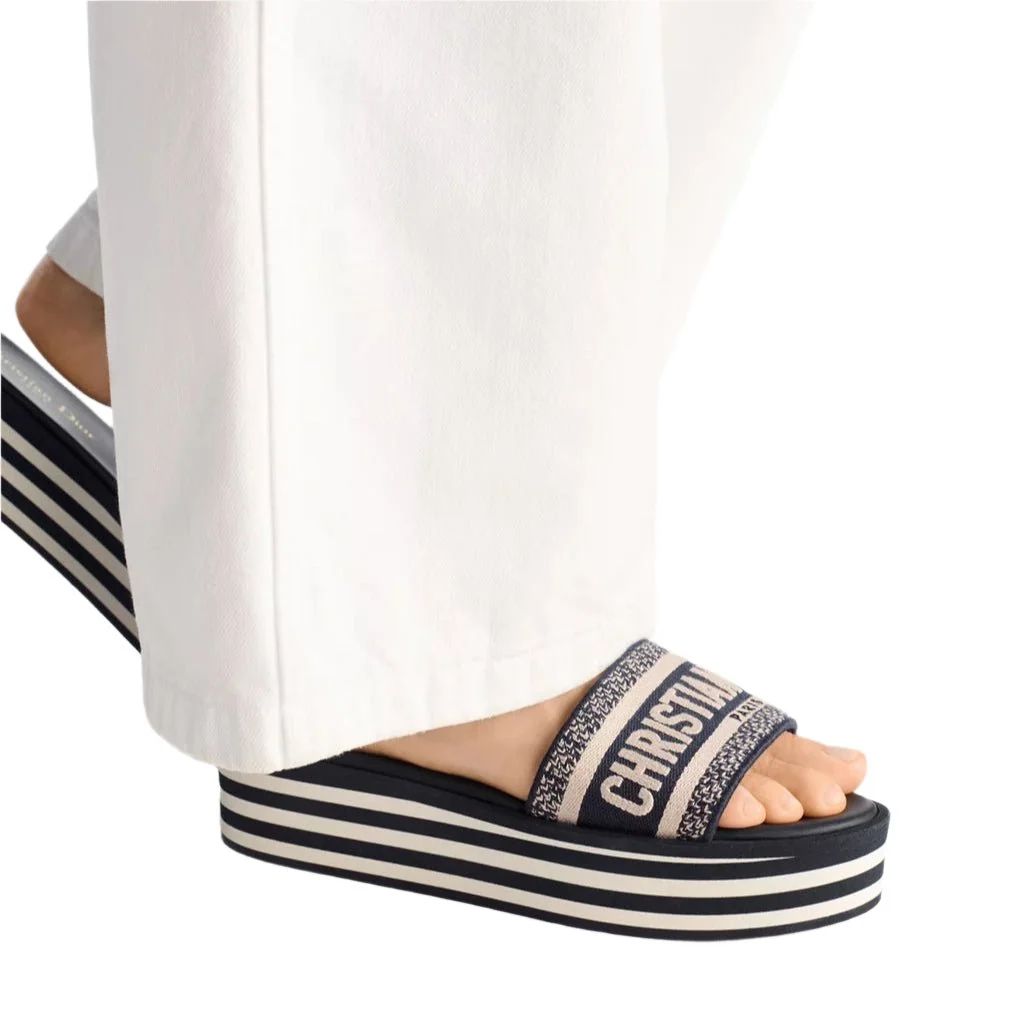 Dior Dway Platform Slide Deep Blue Embroidered Cotton - Image 4