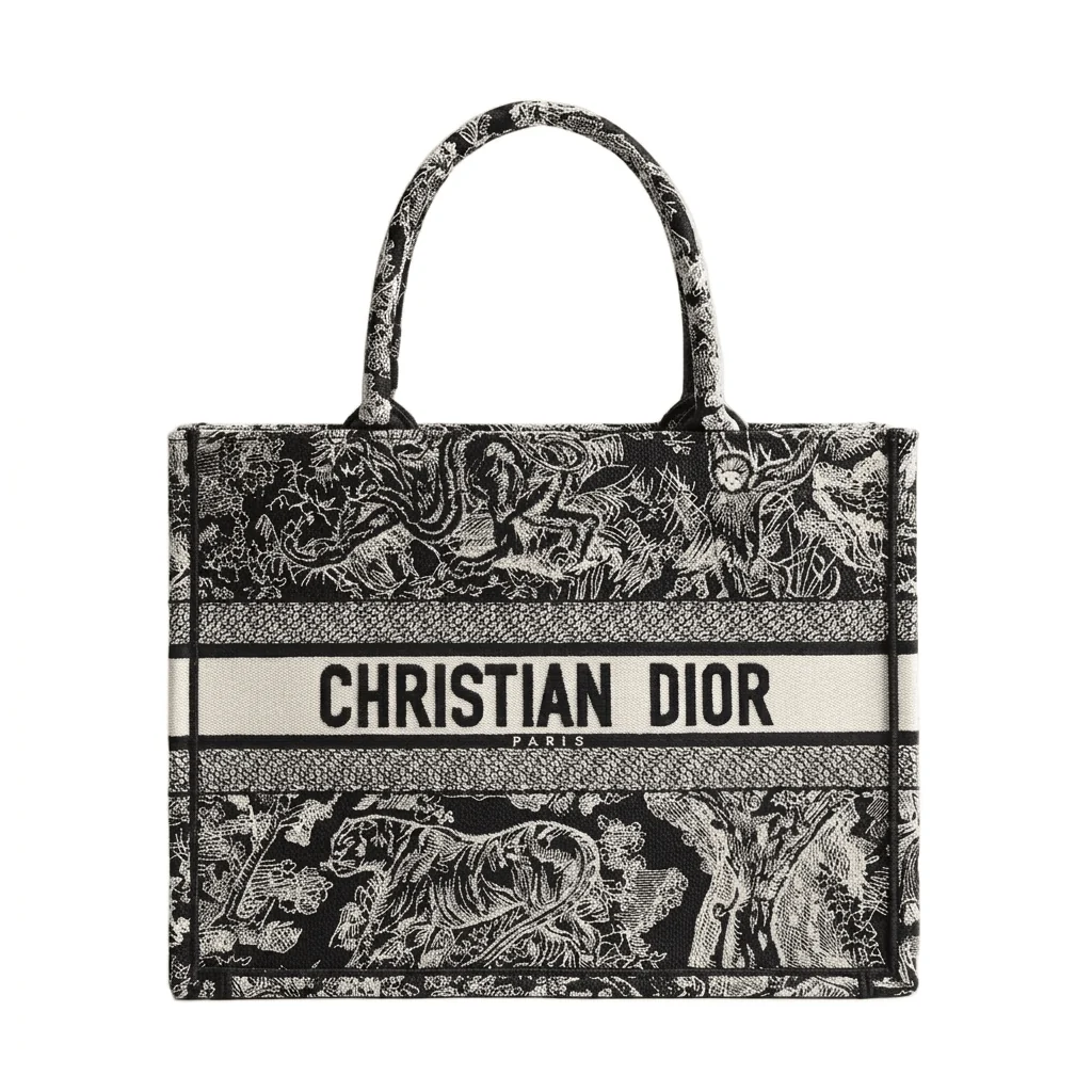 Dior Large Book Tote In Ecru And Black Toile De Jouy Embroidery