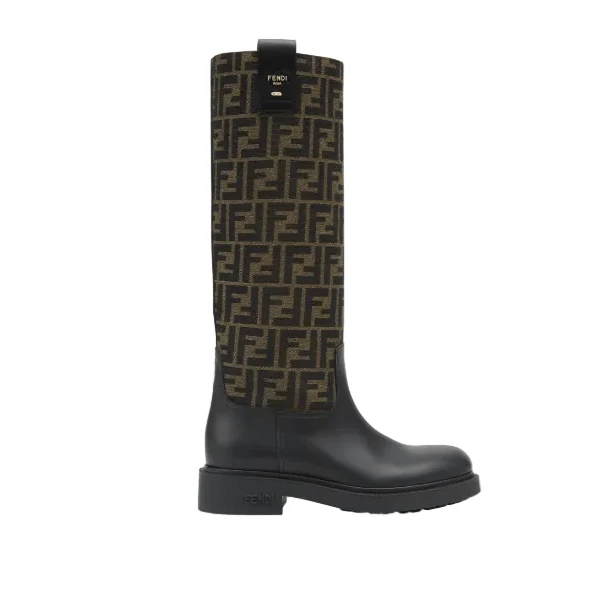 Fendi Filo Black Leather and Brown FF Fabric Boots - Image 2