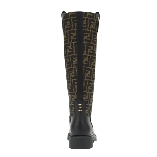 Fendi Filo Black Leather and Brown FF Fabric Boots - Image 3