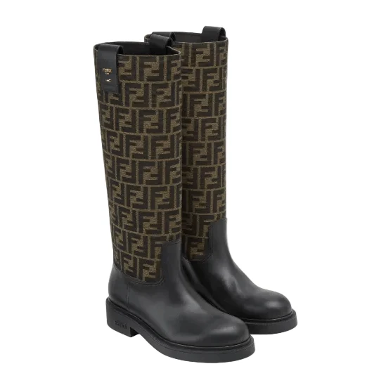 Fendi Filo Black Leather and Brown FF Fabric Boots - Image 4