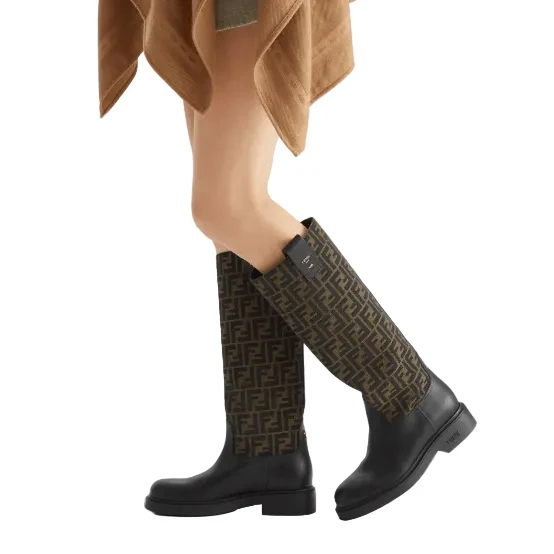 Fendi Filo Black Leather and Brown FF Fabric Boots - Image 5