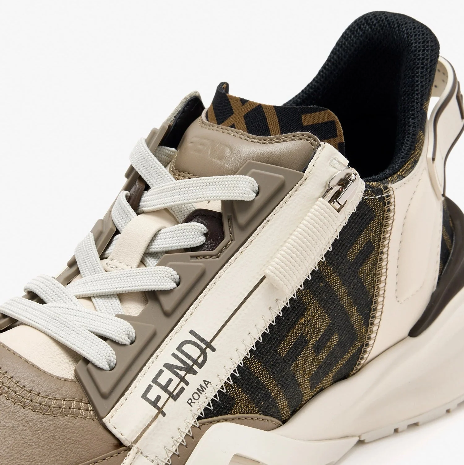 Fendi Flow Sneakers Brown FF Jacquard and Beige Leather Low-Tops - Image 3