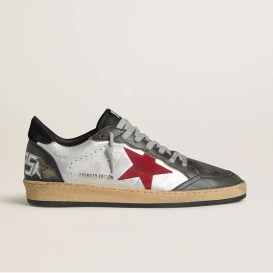 Golden Goose Ball Star LTD In Silver Laminated Leather With Red Suede Star And Black Inserts