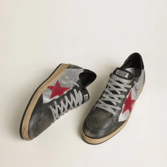 Golden Goose Ball Star LTD In Silver Laminated Leather With Red Suede Star And Black Inserts - Image 2