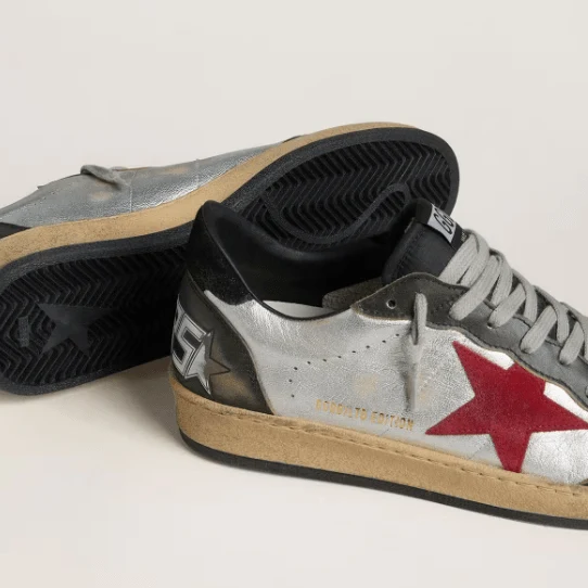 Golden Goose Ball Star LTD In Silver Laminated Leather With Red Suede Star And Black Inserts - Image 4