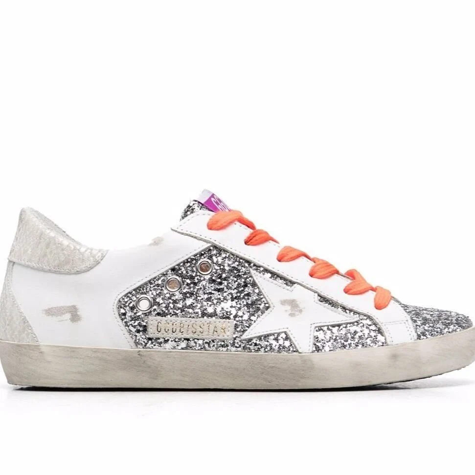 Golden Goose Super-Star Lace-Up Sneakers Ice White/Silver-Tone/Carrot Orange - Image 2