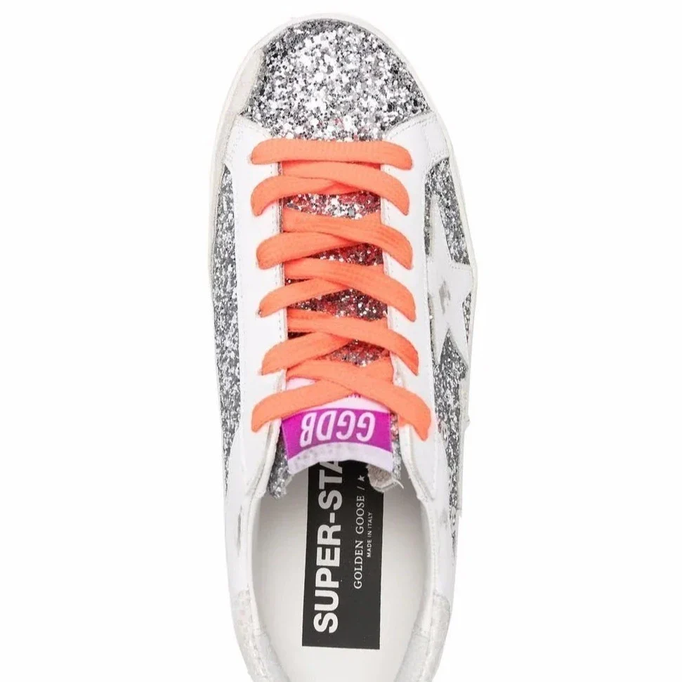 Golden Goose Super-Star Lace-Up Sneakers Ice White/Silver-Tone/Carrot Orange - Image 3