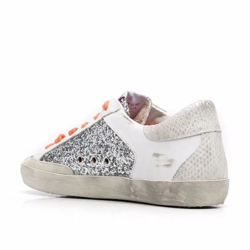 Golden Goose Super-Star Lace-Up Sneakers Ice White/Silver-Tone/Carrot Orange - Image 4