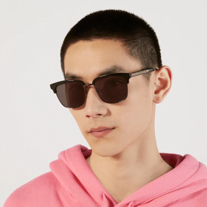 Gucci Men's Square Half-Rim Sunglasses – Black & Gold with Web Detail - Image 3