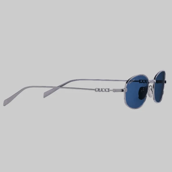 Gucci Round Metal Sunglasses With Blue Lenses and Logo Temples - Image 2