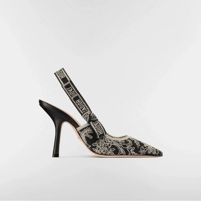 J'Adior Slingback Pump Black Cotton Embroidered With Floral Motif in Gold - Image 3