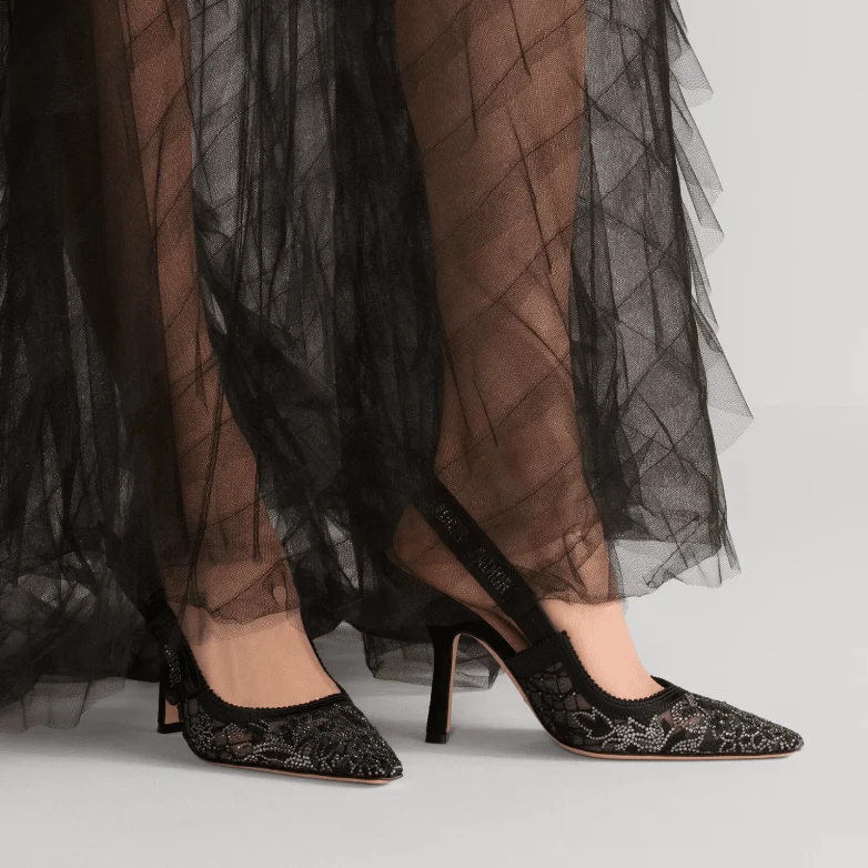 J'Adior Slingback Pump Transparent Mesh Embroidered With Black Millefiori Motif And Silver - Image 3