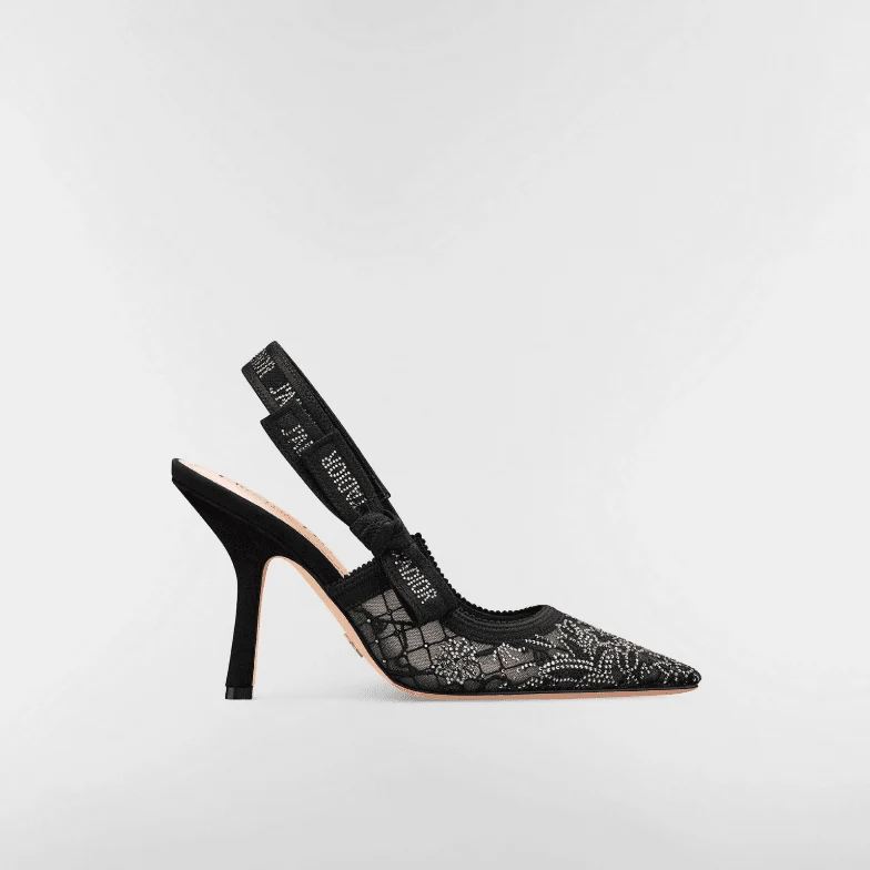 J'Adior Slingback Pump Transparent Mesh Embroidered With Black Millefiori Motif And Silver - Image 4