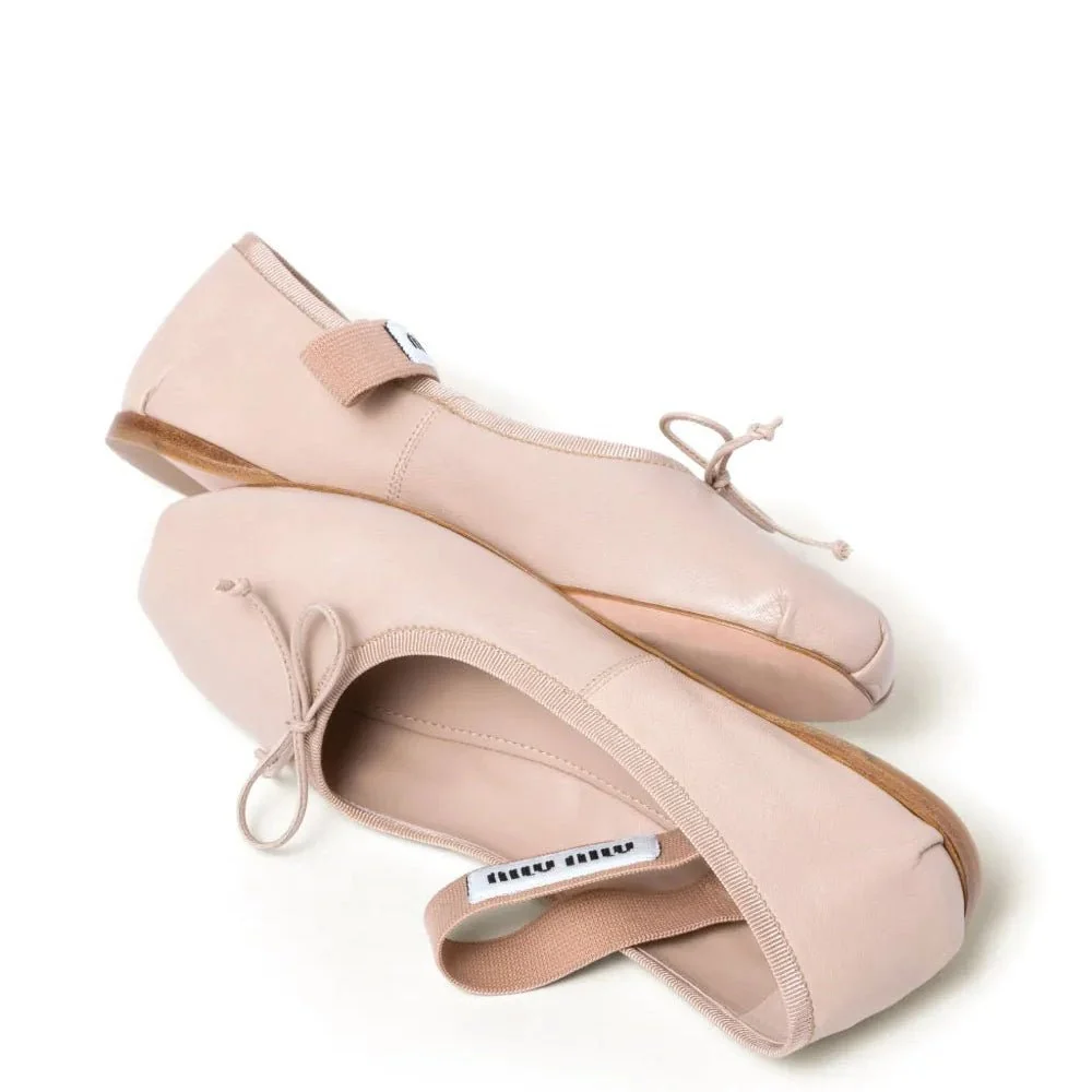 Miu Miu Logo Leather Ballet Flats In Beige - Image 3