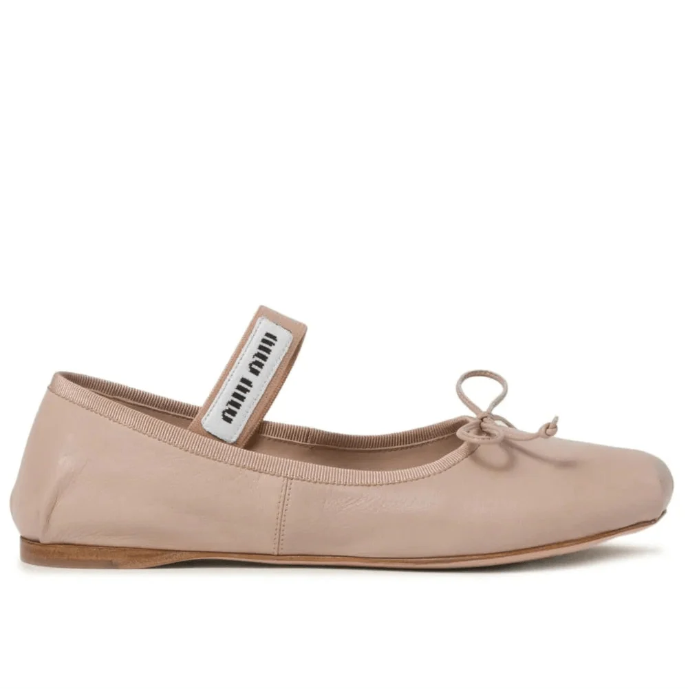 Miu Miu Logo Leather Ballet Flats In Beige - Image 4