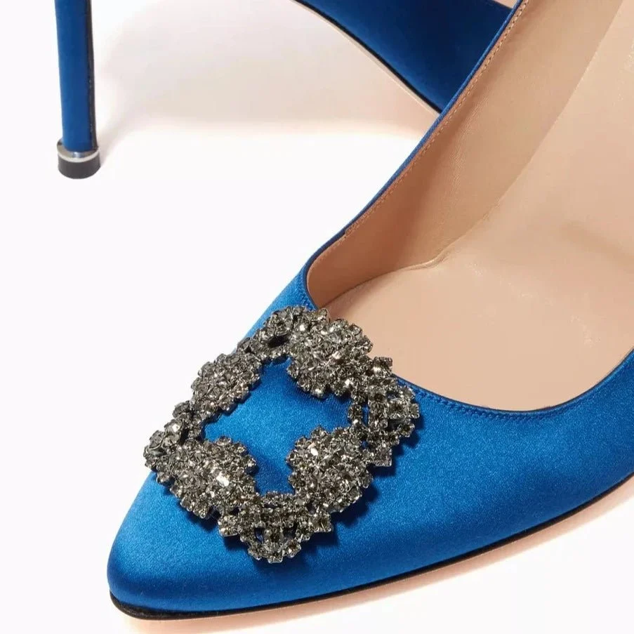 Manolo Blahnik Hangisi Blue Satin Jewel Buckle Pumps - Image 3