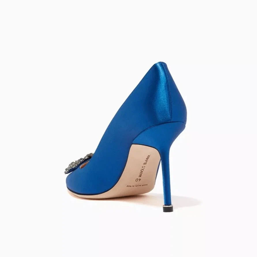 Manolo Blahnik Hangisi Blue Satin Jewel Buckle Pumps - Image 4