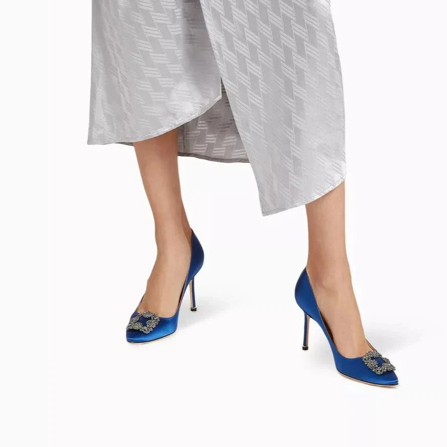 Manolo Blahnik Hangisi Blue Satin Jewel Buckle Pumps - Image 5