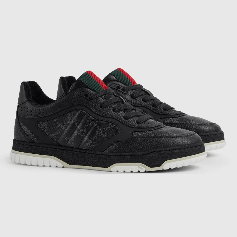 Gucci Men's  Re-Web Trainers In Black GG Leather‏ - Image 2