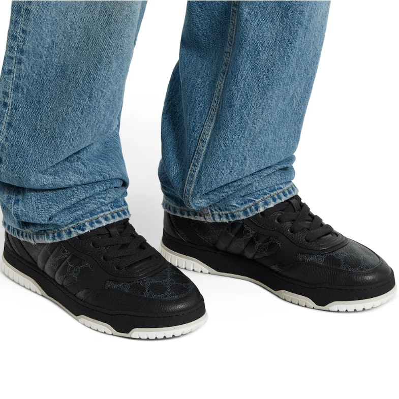 Gucci Men's  Re-Web Trainers In Black GG Leather‏ - Image 4