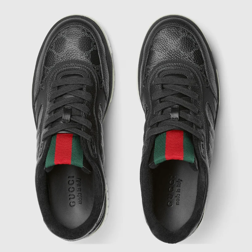 Gucci Men's  Re-Web Trainers In Black GG Leather‏ - Image 6