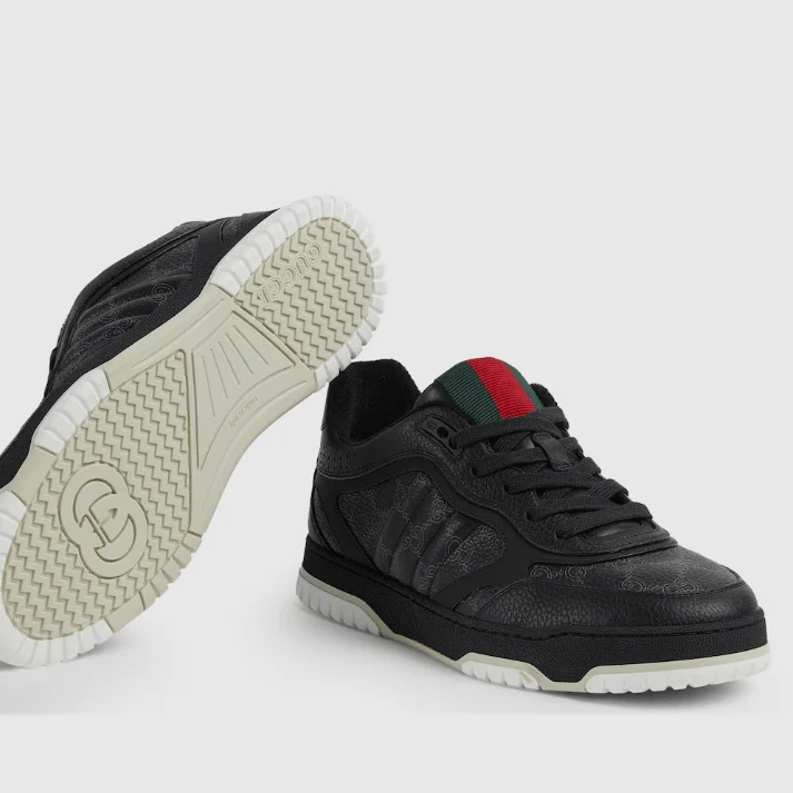 Gucci Men's  Re-Web Trainers In Black GG Leather‏ - Image 7