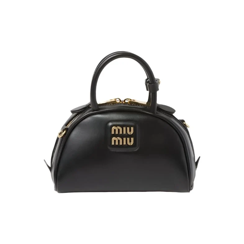 Miu Miu Leather Top-Handle Bag With Metal Lettering Logo And Gold-Tone Hardware Black
