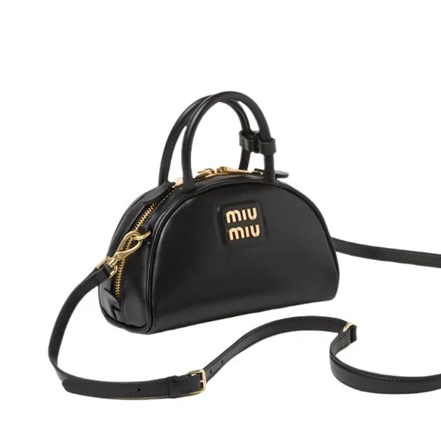 Miu Miu Leather Top-Handle Bag With Metal Lettering Logo And Gold-Tone Hardware Black - Image 2