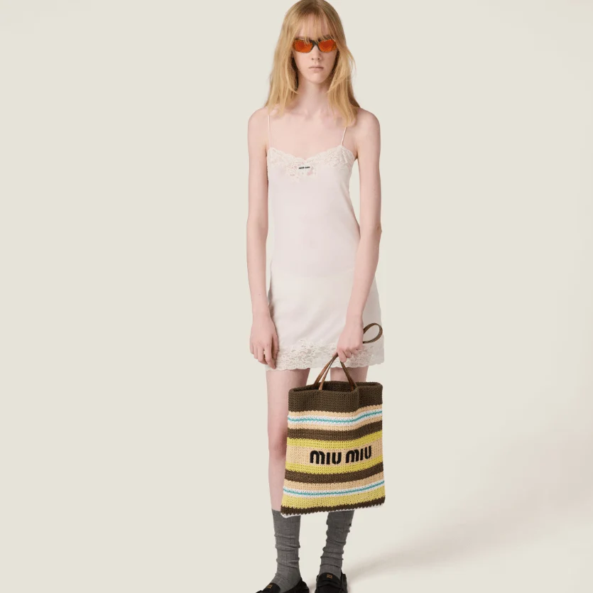 Miu Miu Striped Crochet Tote Bag – Grey - Image 2