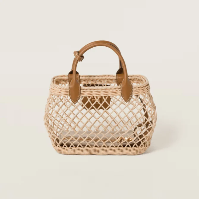 Miu Miu Woven Fabric Handbag With Leather Trim Tan/Caramel - Image 3
